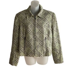 Carlisle Jacket Zip Front Green Black Bow Floral Print Zip Cuffs Rare Vintage 14